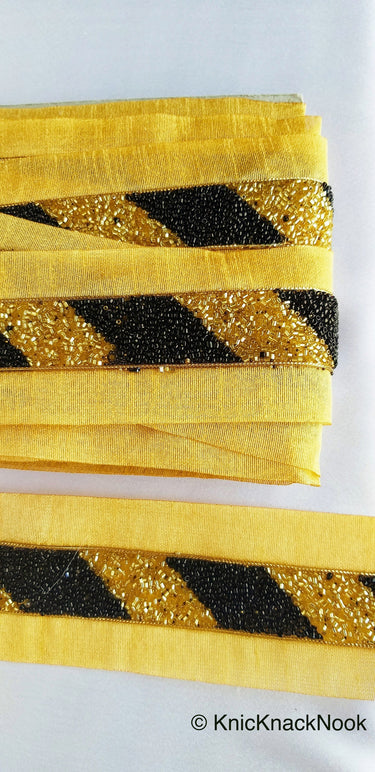 Gold Fabric Trim With Black Seed Beads And Gold Bugle Beads Embellishments, Stripe Beaded Trim, Approx. 65mm
